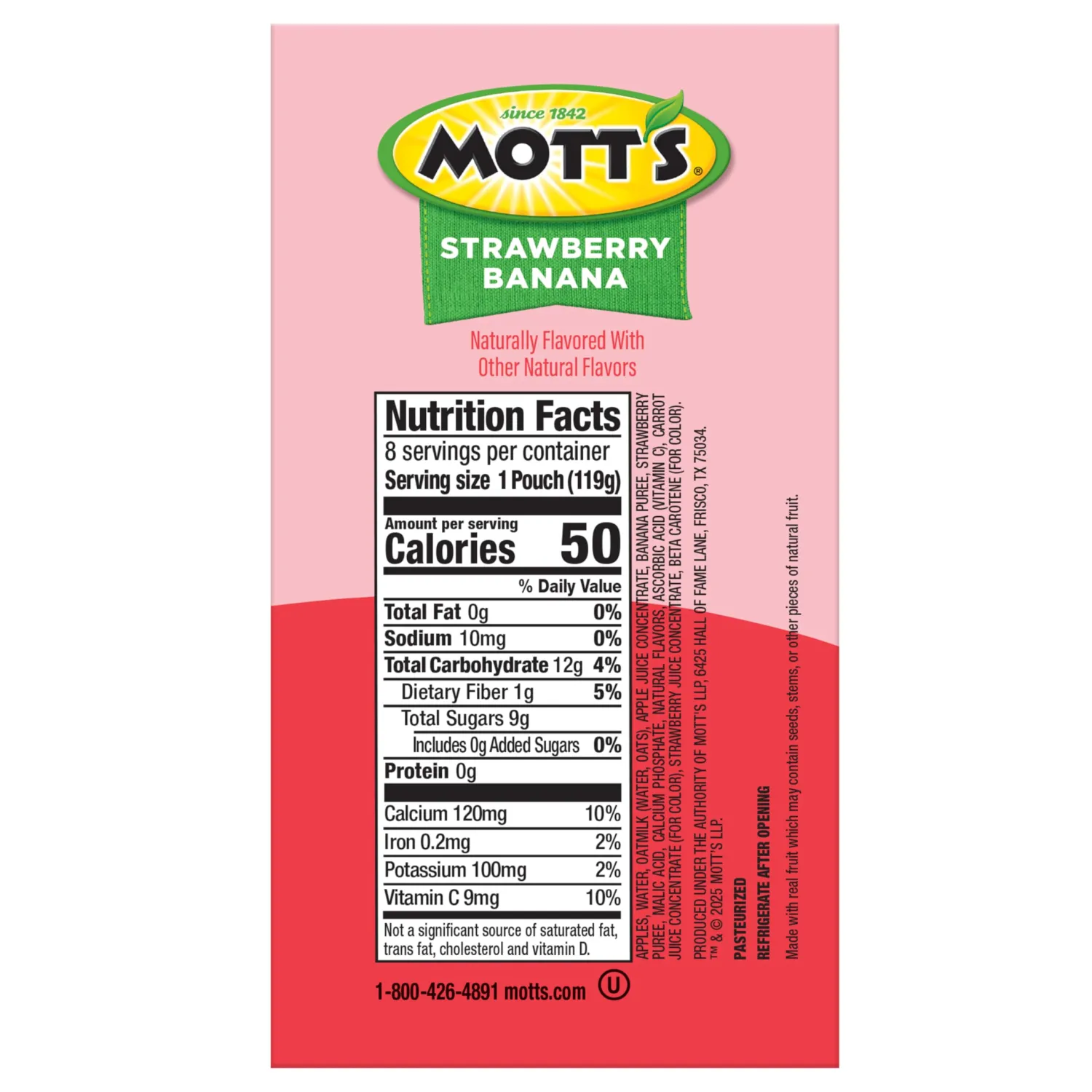 Mott’s Fruit Smoothies Strawberry Banana, 4.2 oz clear pouches, 8 Pack, Non-dairy, Made With Oatmilk, Made With Real Fruit, Good Source of Calcium, On-the-Go