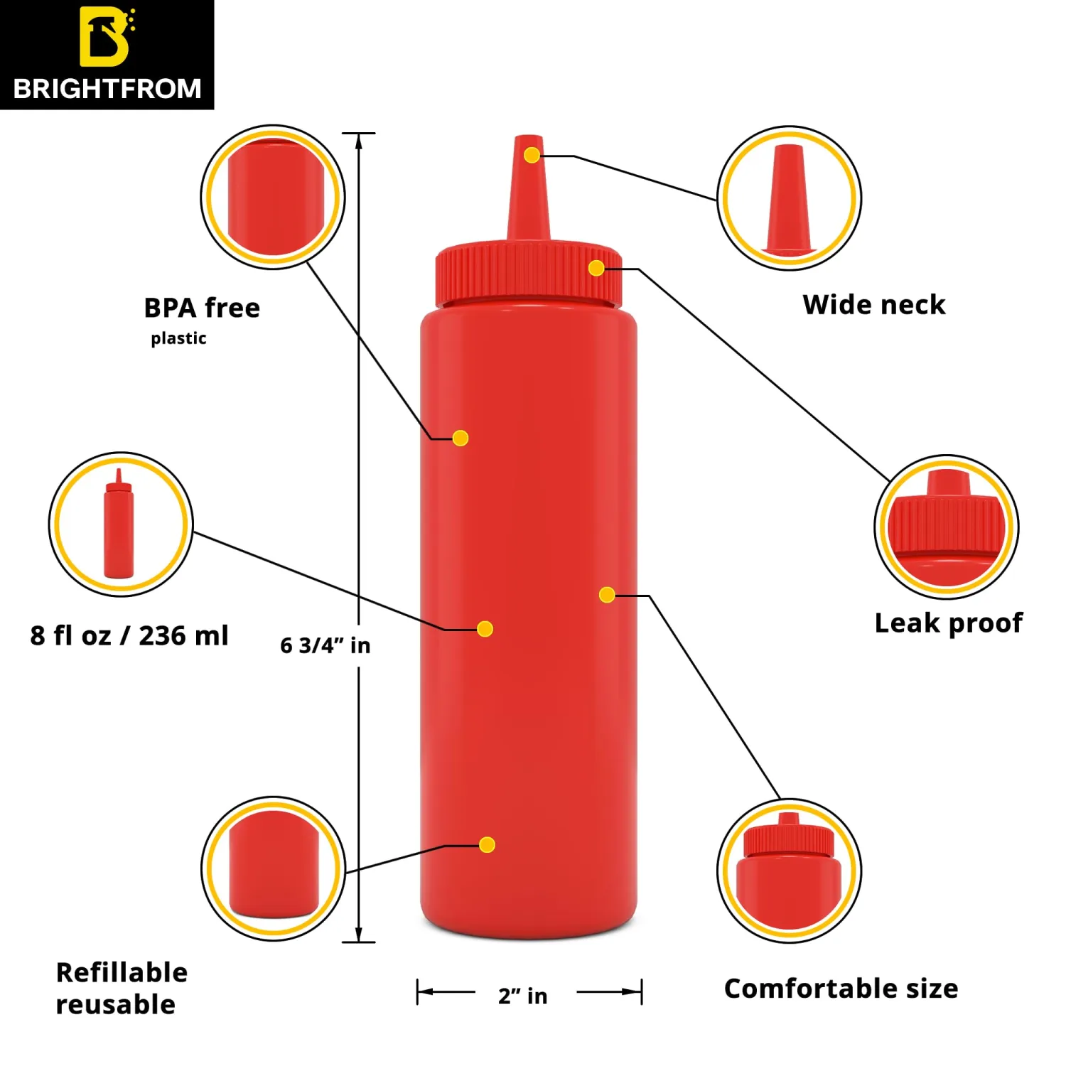 BRIGHTFROM Condiment Squeeze Bottles, RED 8 OZ Empty Squirt Bottle with Wide Neck - Great for Ketchup, Mustard, Syrup, Sauces, Dressing, Oil, BPA FREE Plastic - 2 PACK