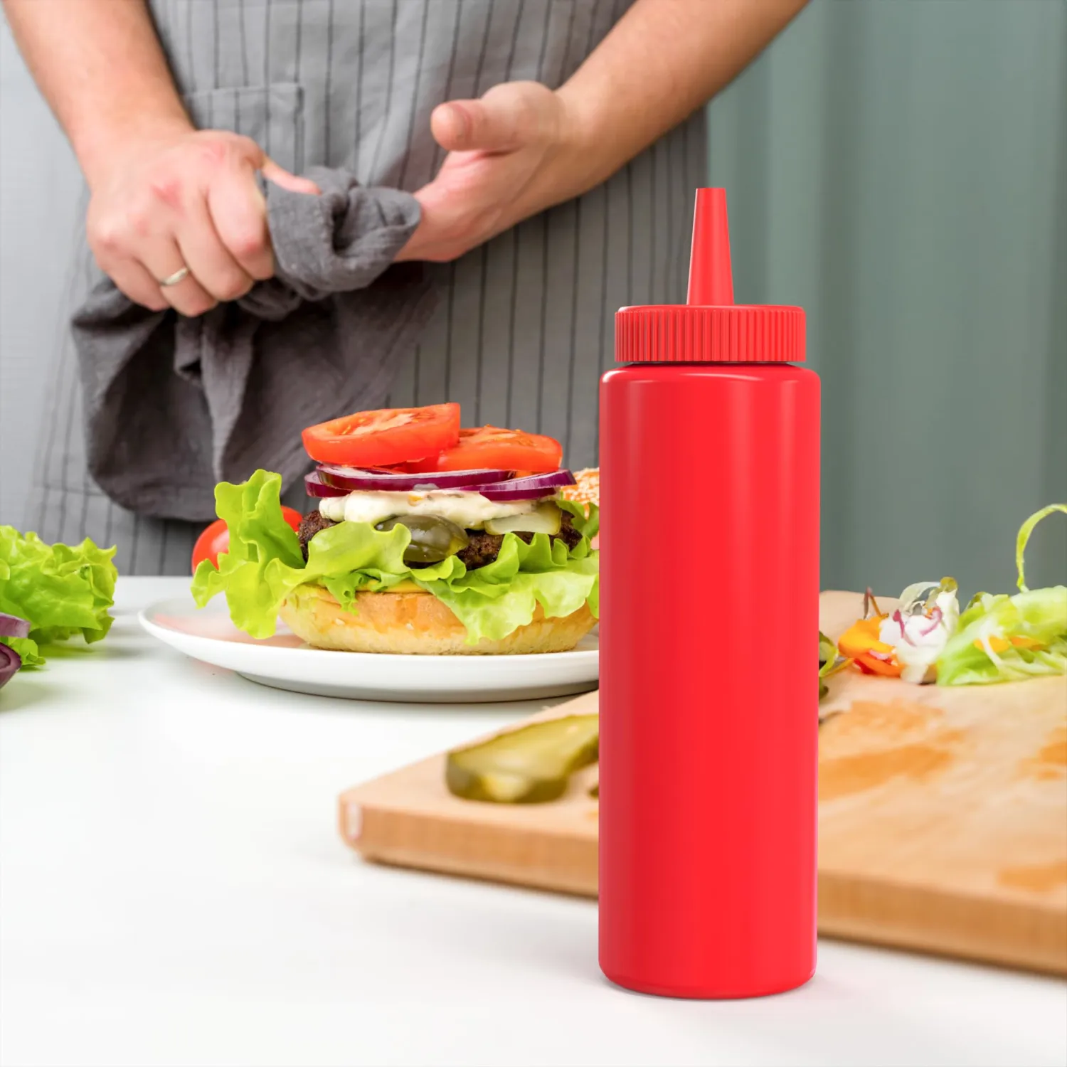 BRIGHTFROM Condiment Squeeze Bottles, RED 8 OZ Empty Squirt Bottle with Wide Neck - Great for Ketchup, Mustard, Syrup, Sauces, Dressing, Oil, BPA FREE Plastic - 2 PACK