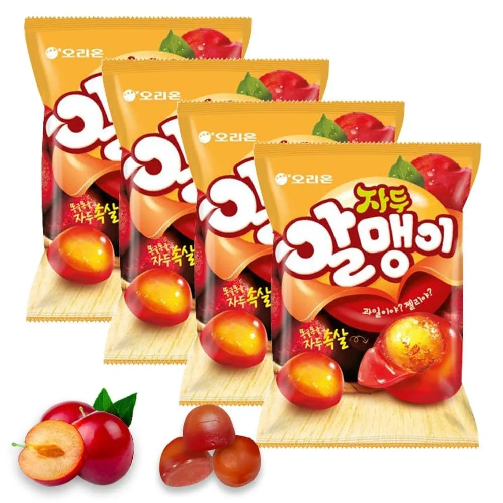 Korean Fruit Jelly Candy – Assorted Chewy Gummy Snacks – 5 Fruity Flavors (Grape, Plum, Lychee, Kiwi, Mango) – Individually Wrapped – Perfect for Kids & Adults – 알맹이젤리 (Plum–2.86oz(81g) × 4pack)