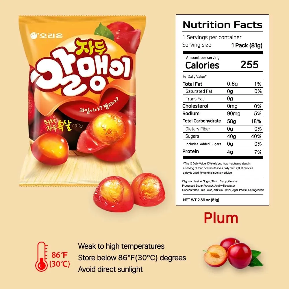 Korean Fruit Jelly Candy – Assorted Chewy Gummy Snacks – 5 Fruity Flavors (Grape, Plum, Lychee, Kiwi, Mango) – Individually Wrapped – Perfect for Kids & Adults – 알맹이젤리 (Plum–2.86oz(81g) × 4pack)
