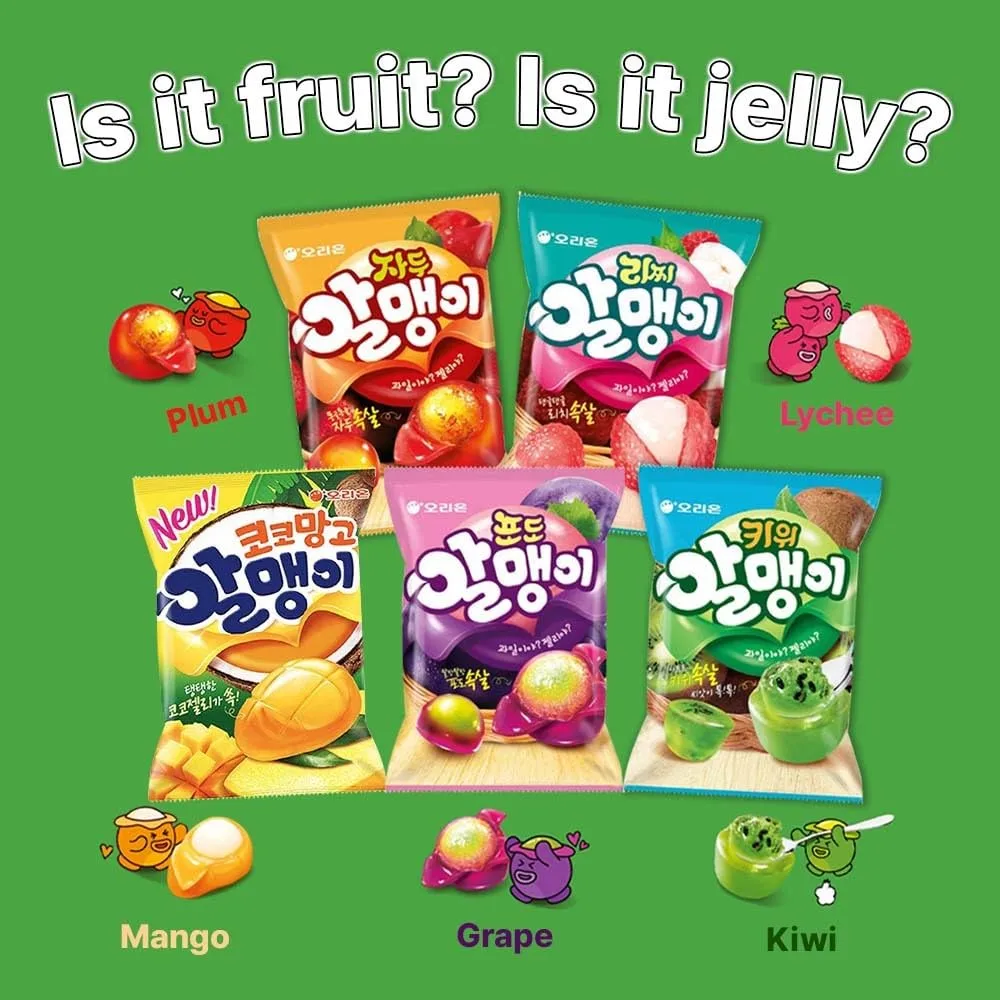 Korean Fruit Jelly Candy – Assorted Chewy Gummy Snacks – 5 Fruity Flavors (Grape, Plum, Lychee, Kiwi, Mango) – Individually Wrapped – Perfect for Kids & Adults – 알맹이젤리 (Kiwi–1.26oz(36g) × 6pack)