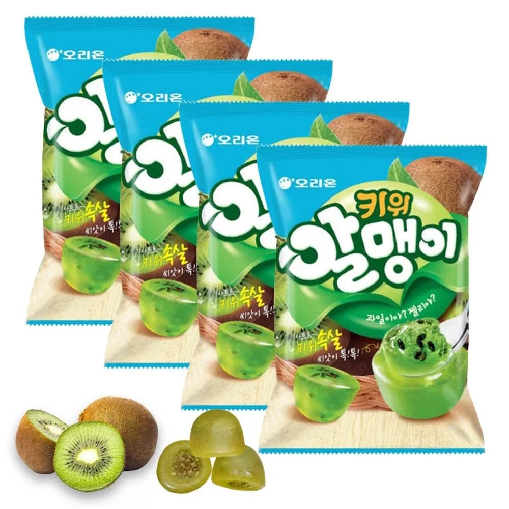 Korean Fruit Jelly Candy – Assorted Chewy Gummy Snacks – 5 Fruity Flavors (Grape, Plum, Lychee, Kiwi, Mango) – Individually Wrapped – Perfect for Kids & Adults – 알맹이젤리 (Kiwi–2.86oz(81g) × 4pack)