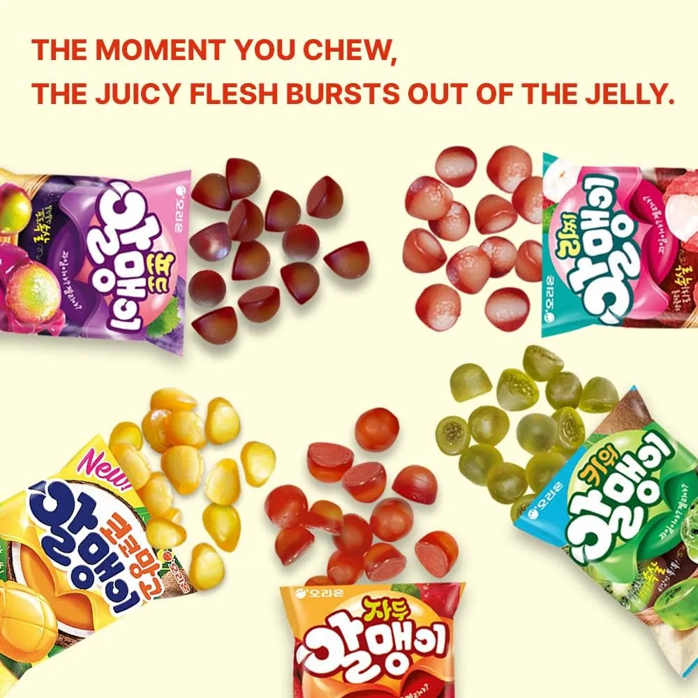 Korean Fruit Jelly Candy – Assorted Chewy Gummy Snacks – 5 Fruity Flavors (Grape, Plum, Lychee, Kiwi, Mango) – Individually Wrapped – Perfect for Kids & Adults – 알맹이젤리 (Kiwi–2.86oz(81g) × 4pack)
