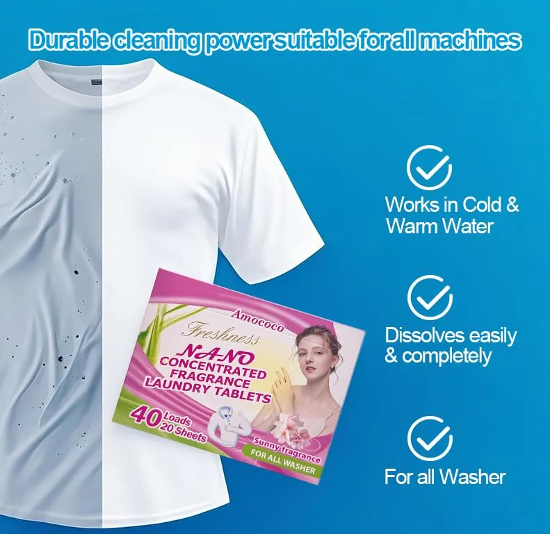 Laundry Detergent Sheets, Dissolves Instantly in Hot & Cold Water, Travel Laundry Soap Strips, 20 Count Sheet Pack for 40 Loads, Portable for Travel, Gym, Dorm, Sunshine Scent