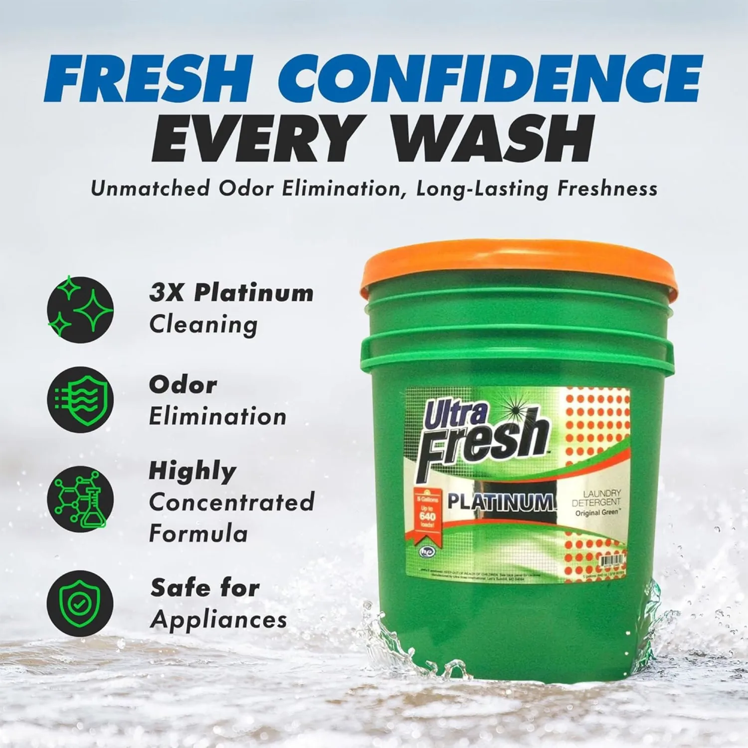 5 Gallon Liquid Laundry Detergent Washing Soap for All Machine Types, 6X Platinum, Up to 640 Loads, Original Green