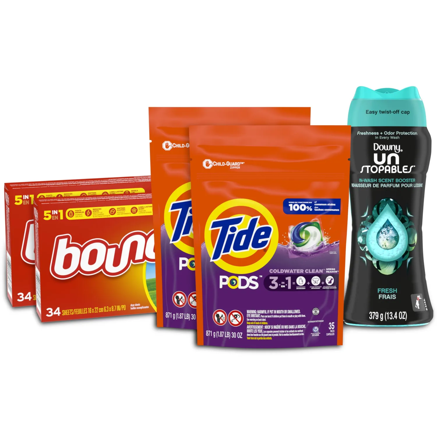 Tide Pods Liquid Laundry Detergent Pacs, Downy Unstopable Scent Beads and Bounce Dryer Sheets, Better Together Bundle