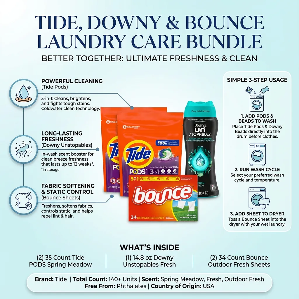 Tide Pods Liquid Laundry Detergent Pacs, Downy Unstopable Scent Beads and Bounce Dryer Sheets, Better Together Bundle