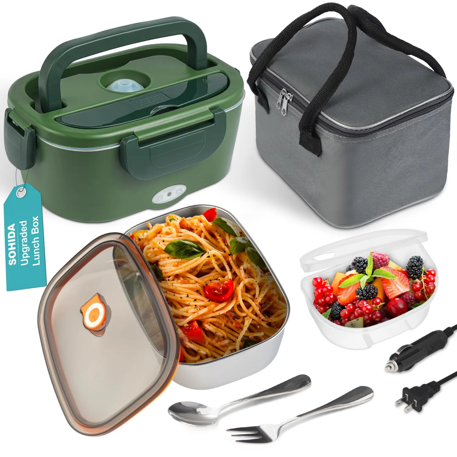 2025 Upgraded 80W Heated Lunch Box with Insulated Bag, 1.5L SS Container with Lid & 0.45L Fruit Box Electric Lunch Box for Adults, 12V/24V/110V Portable Food Warmer for Home/Car/Truck (Green)