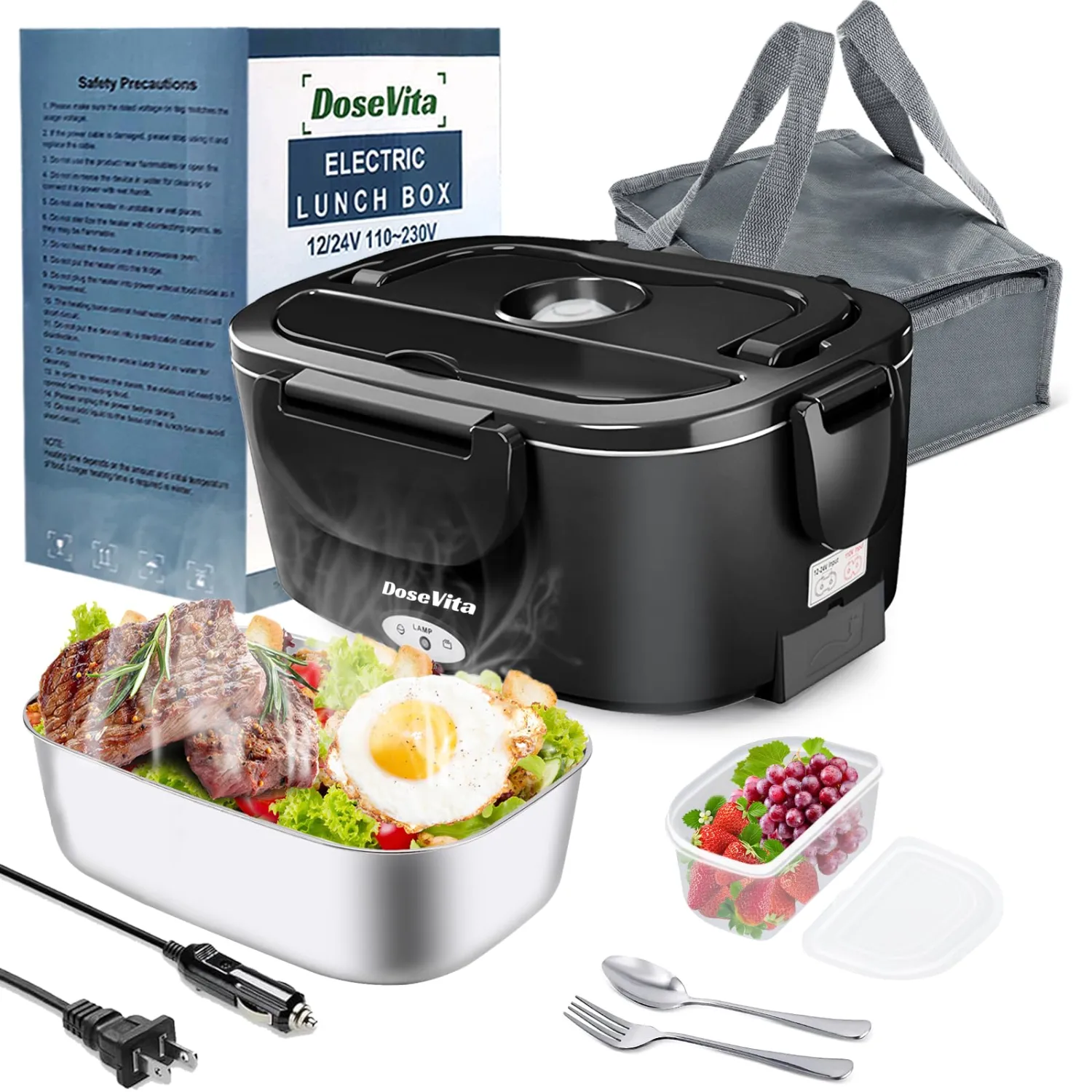 Electric Lunch Box for Adults, 80W Heated Lunch Box, 1.5L Stainless Steel Container | 12V/24V (Car/Truck) & 110V (Office/Home) | with Fork&Spoon and Insulated Carry Bag