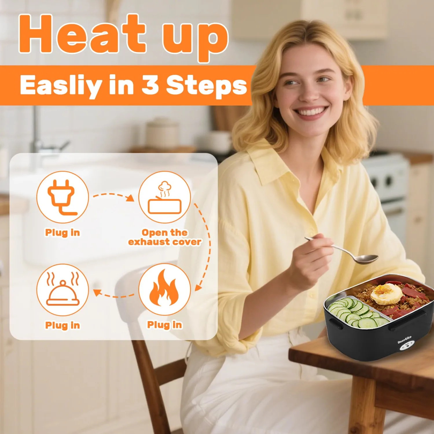 Electric Lunch Box for Adults, 80W Heated Lunch Box, 1.5L Stainless Steel Container | 12V/24V (Car/Truck) & 110V (Office/Home) | with Fork&Spoon and Insulated Carry Bag