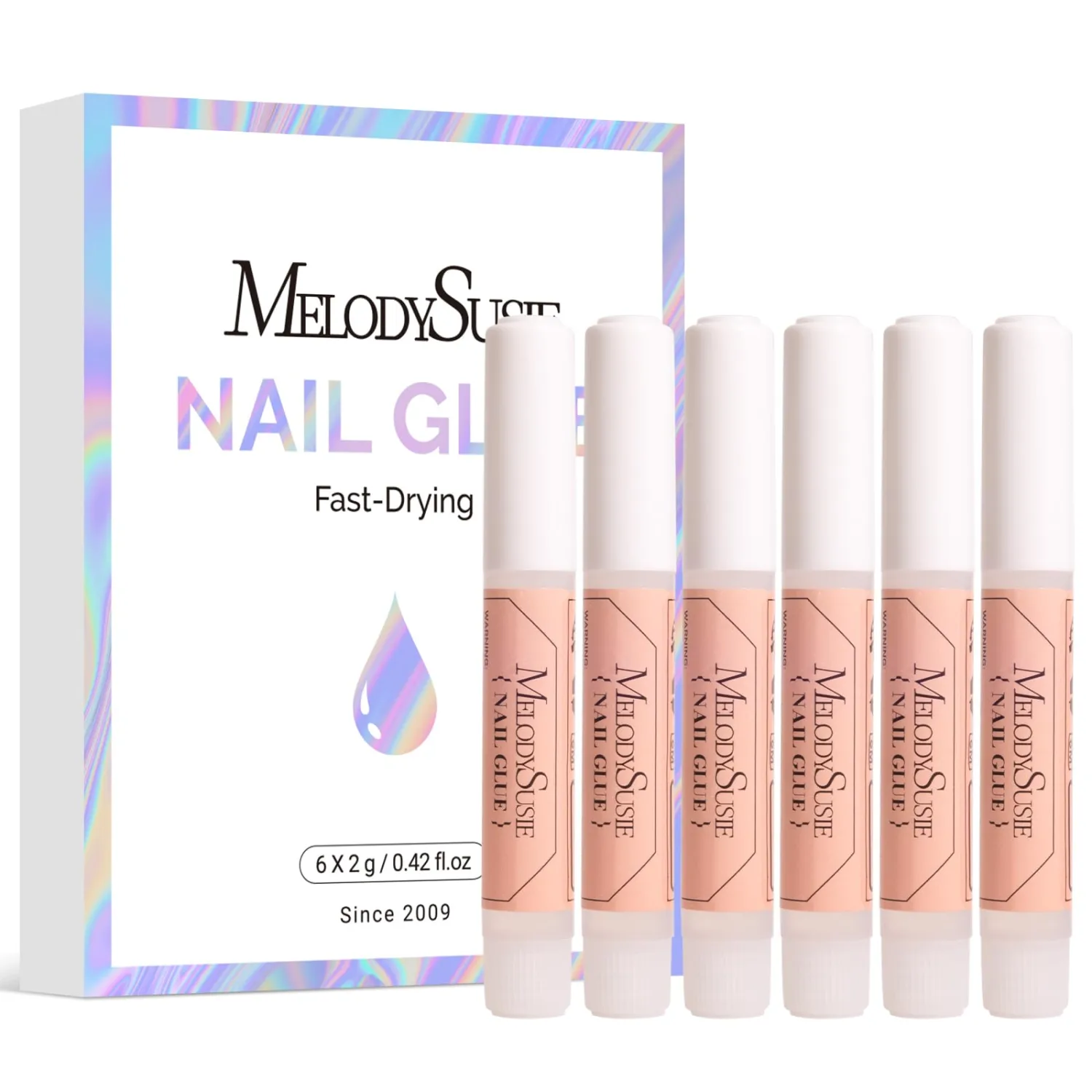 Melodysusie Nail Glue for Acrylic Nails Press on Nails Super Strong and Long Lasting Nail Glue for Adhesive Bond False Nails with Easy Application, 0.07oz 6pcs