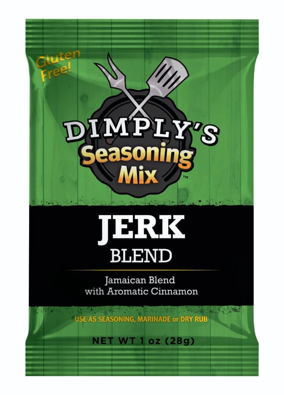 Dimply's Jamaican Jerk Seasoning Mix – Dry Rub and Marinade for Chicken, Meat, Vegetables, Tofu – Bold Caribbean Spice Blend – Vegan, Gluten Free, No MSG, No Preservatives – 6 oz Bag, 12 Pack