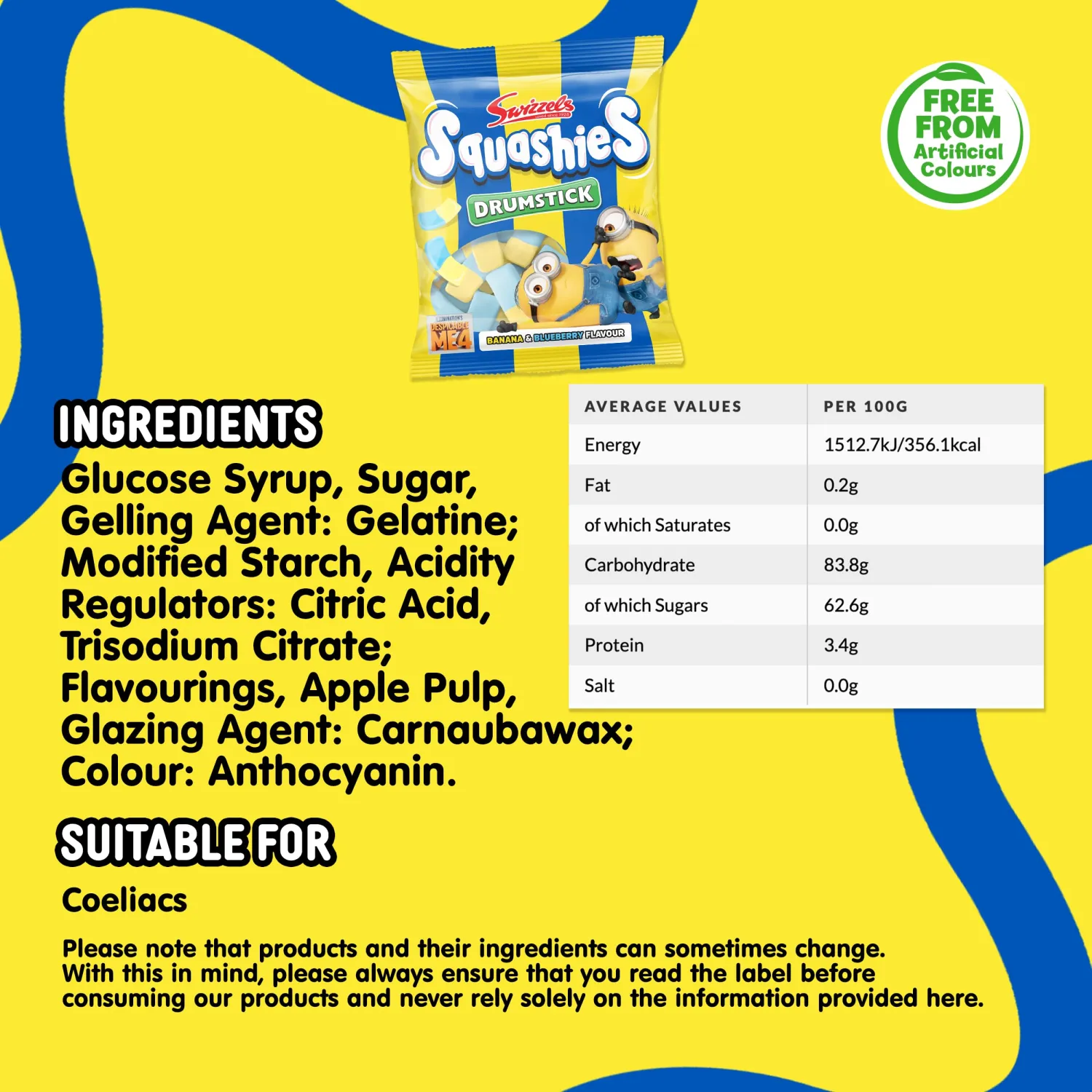 Swizzels Squashies Minion Sweets - Banana & Blueberry Flavour - Single Bag 120g