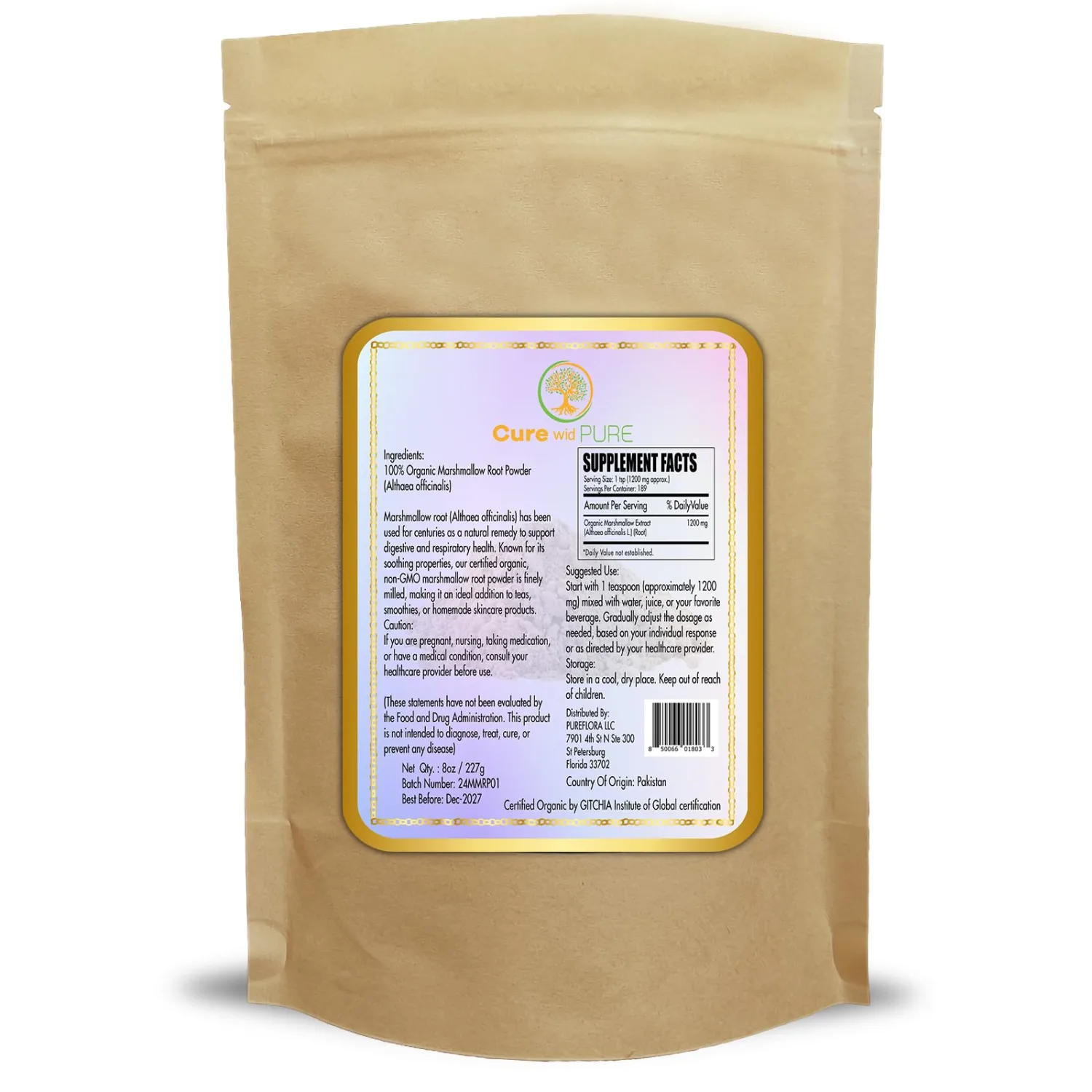 Cure Wid Pure Certified Organic Marshmallow Root Powder Althaea Officinalis 8oz Non-GMO,Additives-Free Marshmellow Root for Teas,Smoothies,Skincare & DIY Remedies Packed in Eco-Friendly Resealable Bag