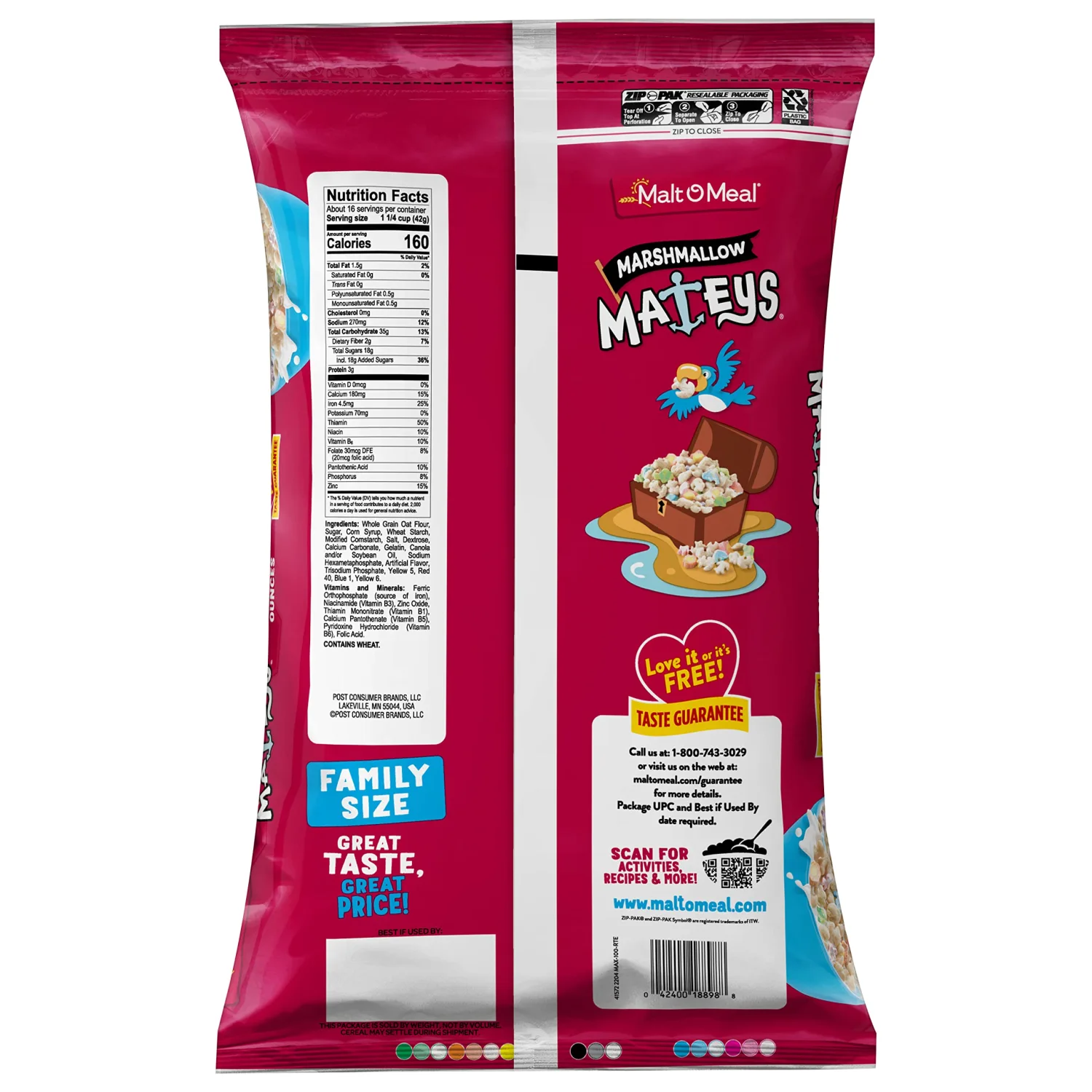 Malt-O-Meal Marshmallow Mateys Breakfast Cereal, Frosted Oat Cereal with Marshmallow Bits, Large Cereal for Family, 23 OZ Resealable Cereal Bag