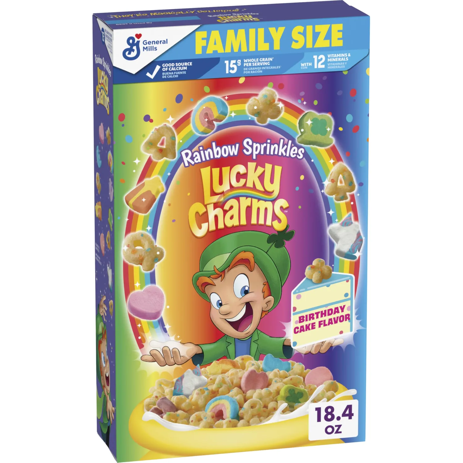 Lucky Charms Rainbow Sprinkles Cereal with Marshmallows, Birthday Cake Flavor, Kids Breakfast Cereal Made with Whole Grain, Family Size, 18.4 oz