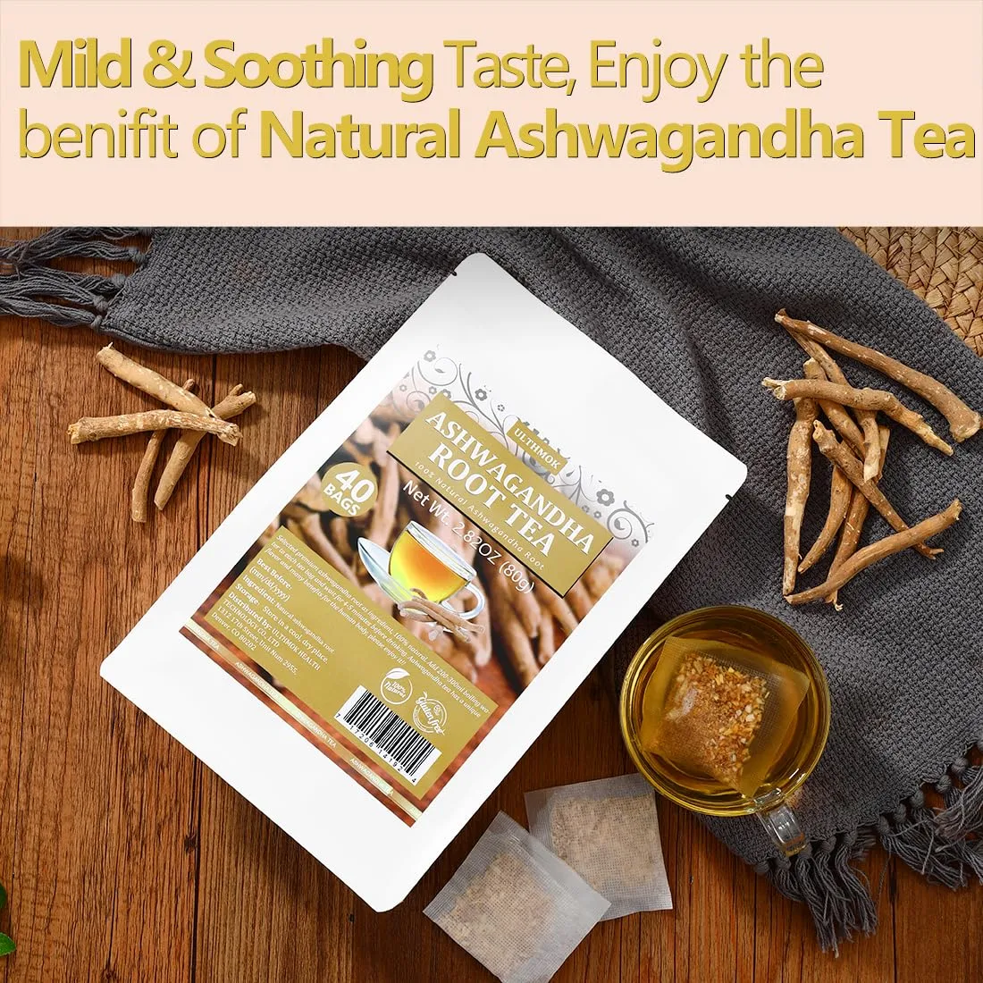 Premium 40 Ashwagandha Tea Bags, Made with 100% Wild Ashwagandha Root, No Additives & Caffeine free.