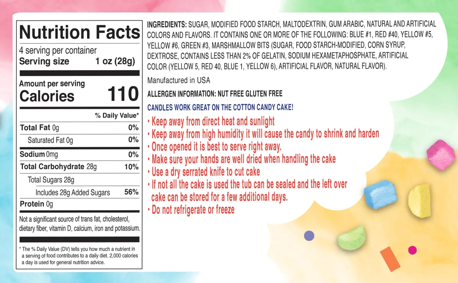 PartyPuffs™ Cotton Candy Cake – 4 Servings – Sliceable Celebration Cake With Strawberry, Blue Raspberry, Lemon & Green Apple Flavors – Fun Party Dessert With Crunchy Marshmallow Bits – Gluten-Free Treat & Made in USA - 4oz