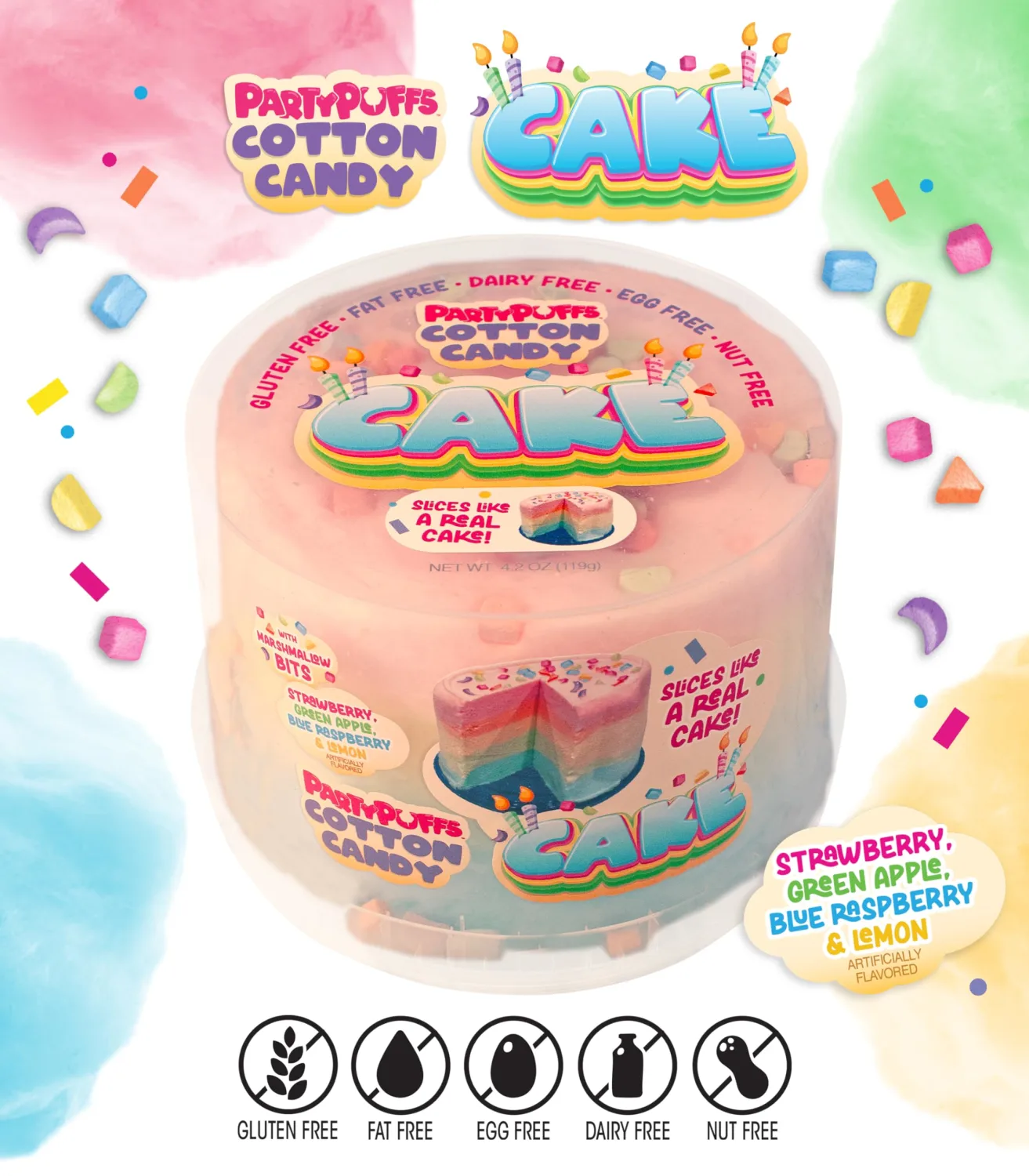 PartyPuffs™ Cotton Candy Cake – 4 Servings – Sliceable Celebration Cake With Strawberry, Blue Raspberry, Lemon & Green Apple Flavors – Fun Party Dessert With Crunchy Marshmallow Bits – Gluten-Free Treat & Made in USA - 4oz
