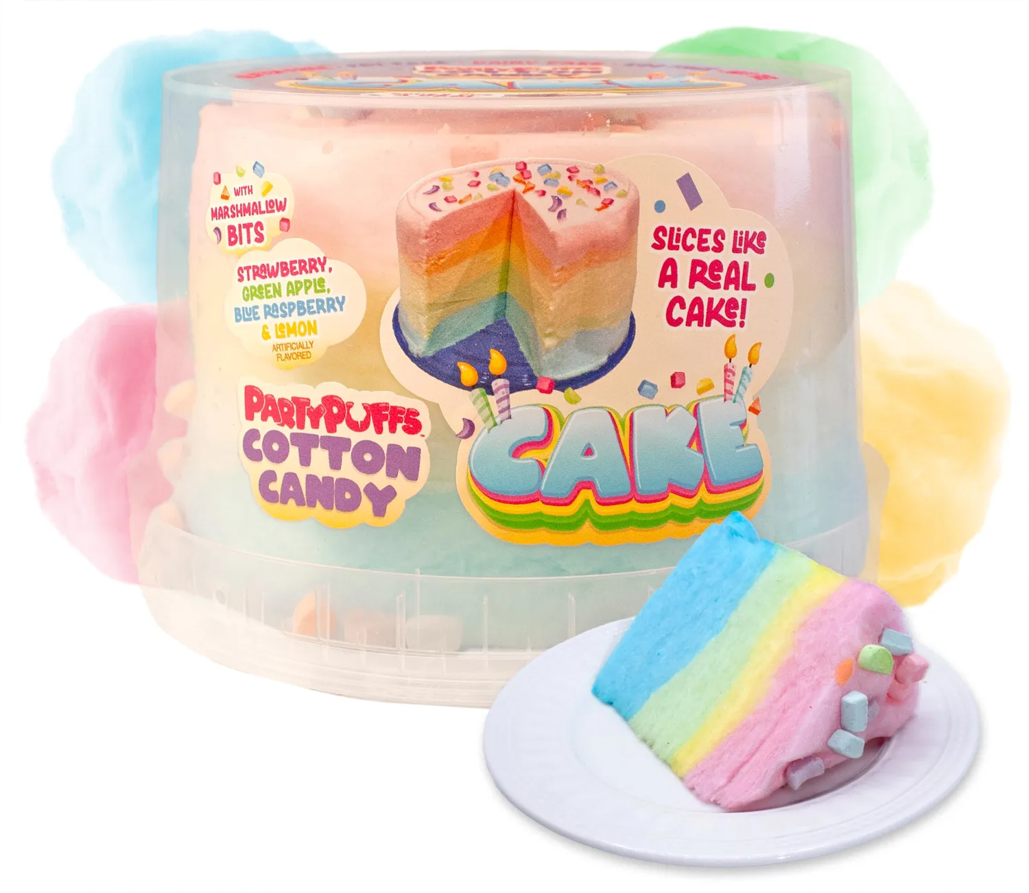PartyPuffs™ Cotton Candy Cake – 4 Servings – Sliceable Celebration Cake With Strawberry, Blue Raspberry, Lemon & Green Apple Flavors – Fun Party Dessert With Crunchy Marshmallow Bits – Gluten-Free Treat & Made in USA - 4oz