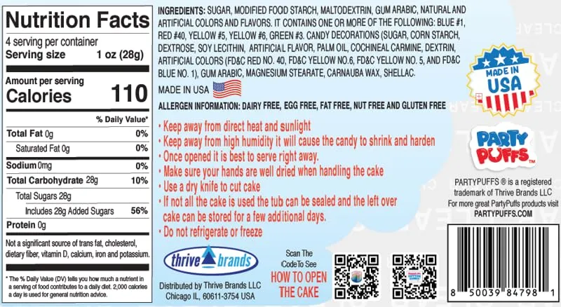 PartyPuffs™ USA Cotton Candy Cake - 4 Servings - Sliceable Cake - Cherry, Blue Raspberry, & Vanilla Flavors – Fun Party Dessert with Candy Decoration Included – Gluten-Free Treat & Made in USA