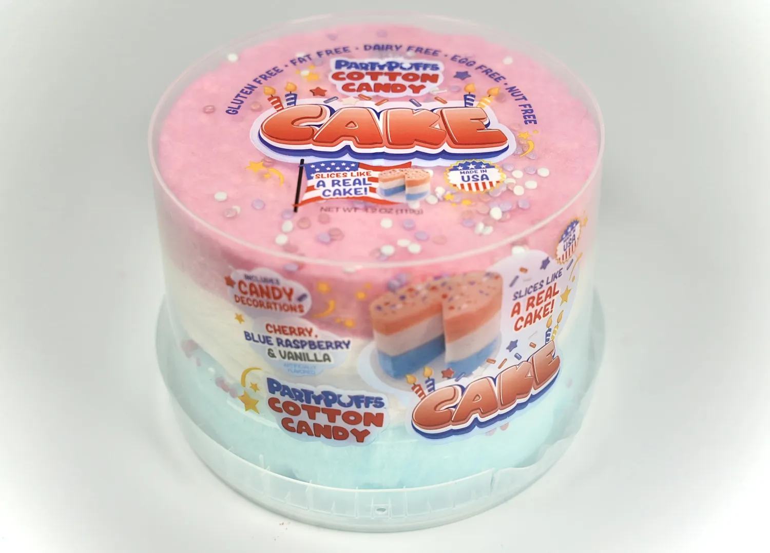PartyPuffs™ USA Cotton Candy Cake - 4 Servings - Sliceable Cake - Cherry, Blue Raspberry, & Vanilla Flavors – Fun Party Dessert with Candy Decoration Included – Gluten-Free Treat & Made in USA