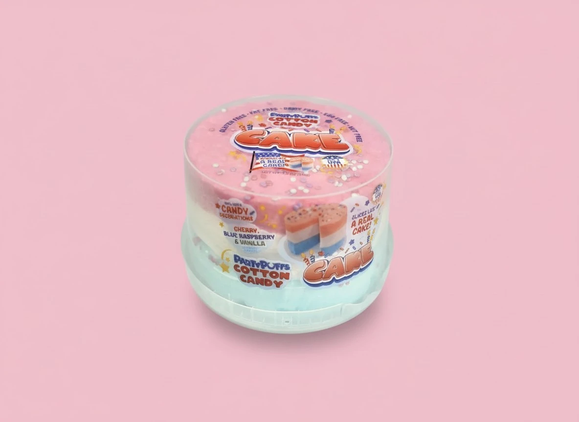 PartyPuffs™ USA Cotton Candy Cake - 4 Servings - Sliceable Cake - Cherry, Blue Raspberry, & Vanilla Flavors – Fun Party Dessert with Candy Decoration Included – Gluten-Free Treat & Made in USA