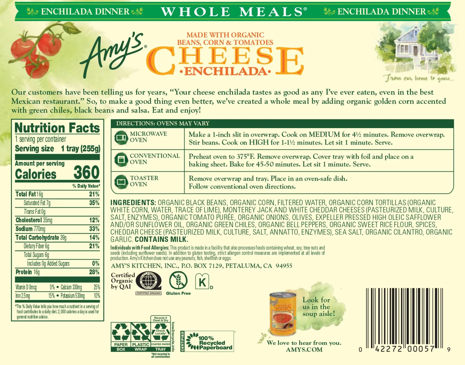 Amy's Frozen Meals, Cheese Enchilada, Made With Organic Black Beans and Corn, Gluten Free Microwave Meals, 9 Oz