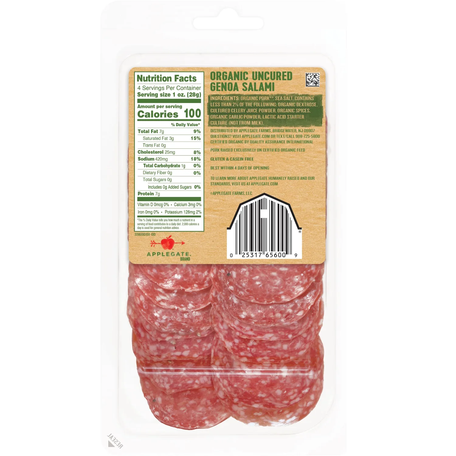 Applegate, Organic Uncured Genoa Salami, 4 oz