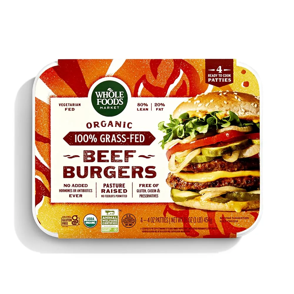 Whole Foods Market, Beef Burger Grass Fed Organic Frozen Step 4, 16 Ounce