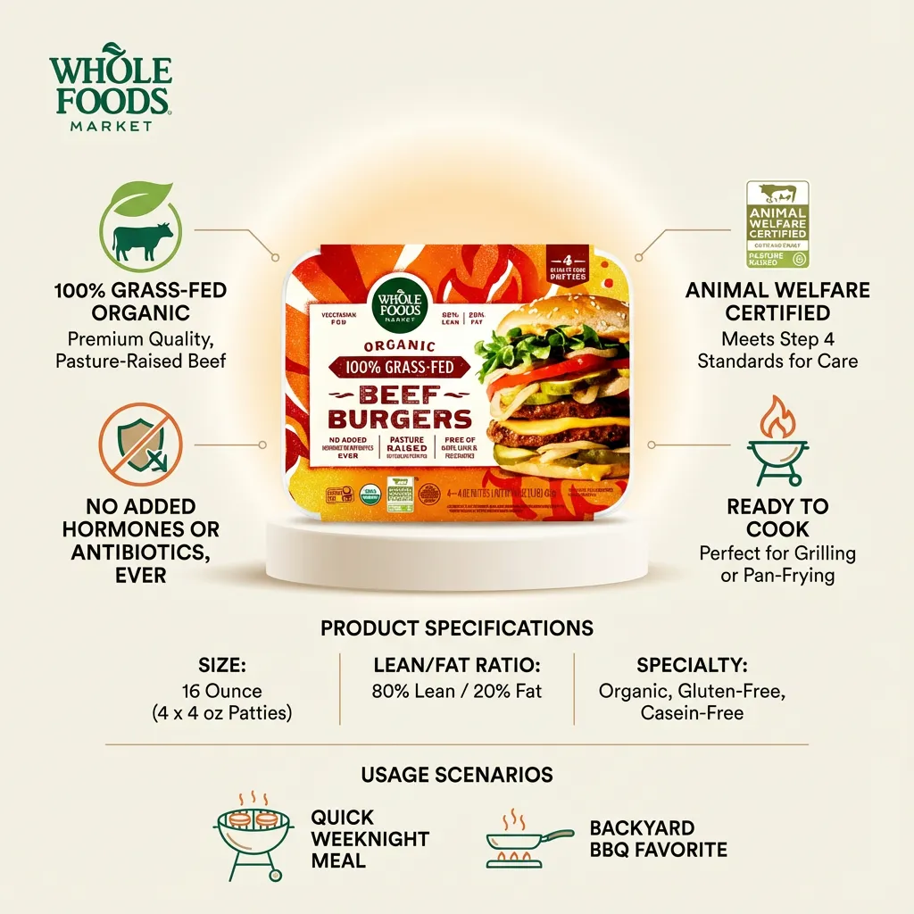 Whole Foods Market, Beef Burger Grass Fed Organic Frozen Step 4, 16 Ounce