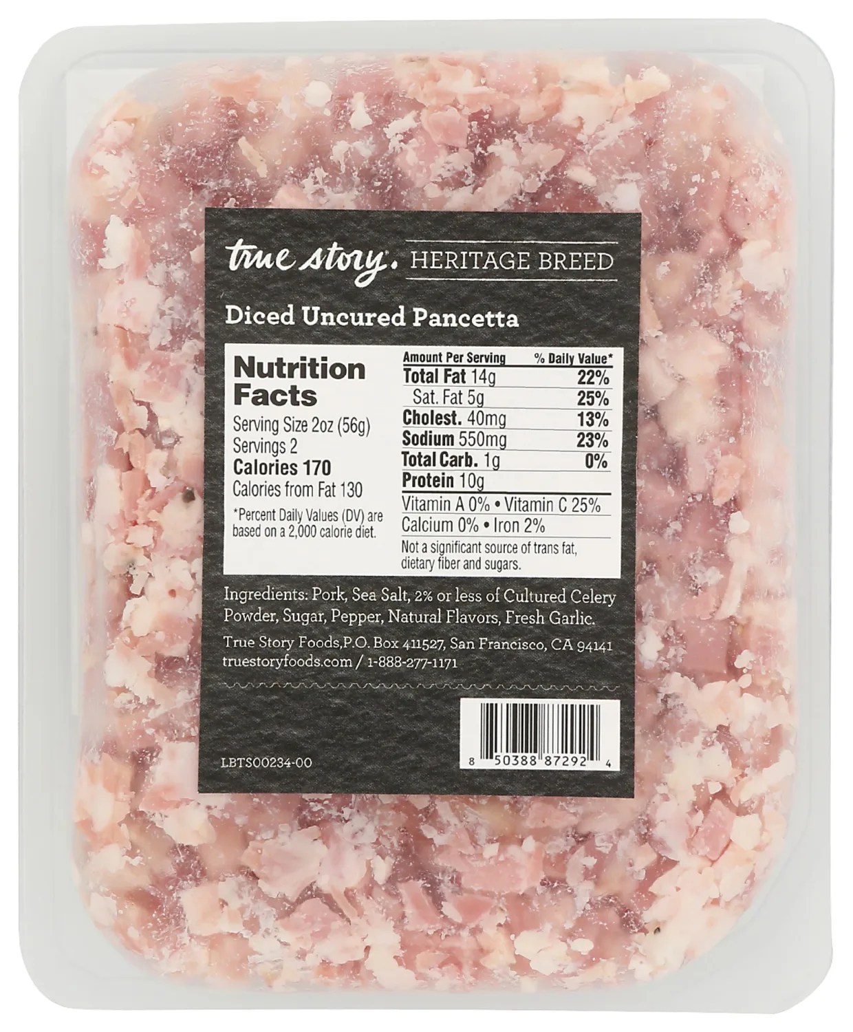 True Story Foods Heritage Breed Diced Uncured Pancetta, 4 OZ