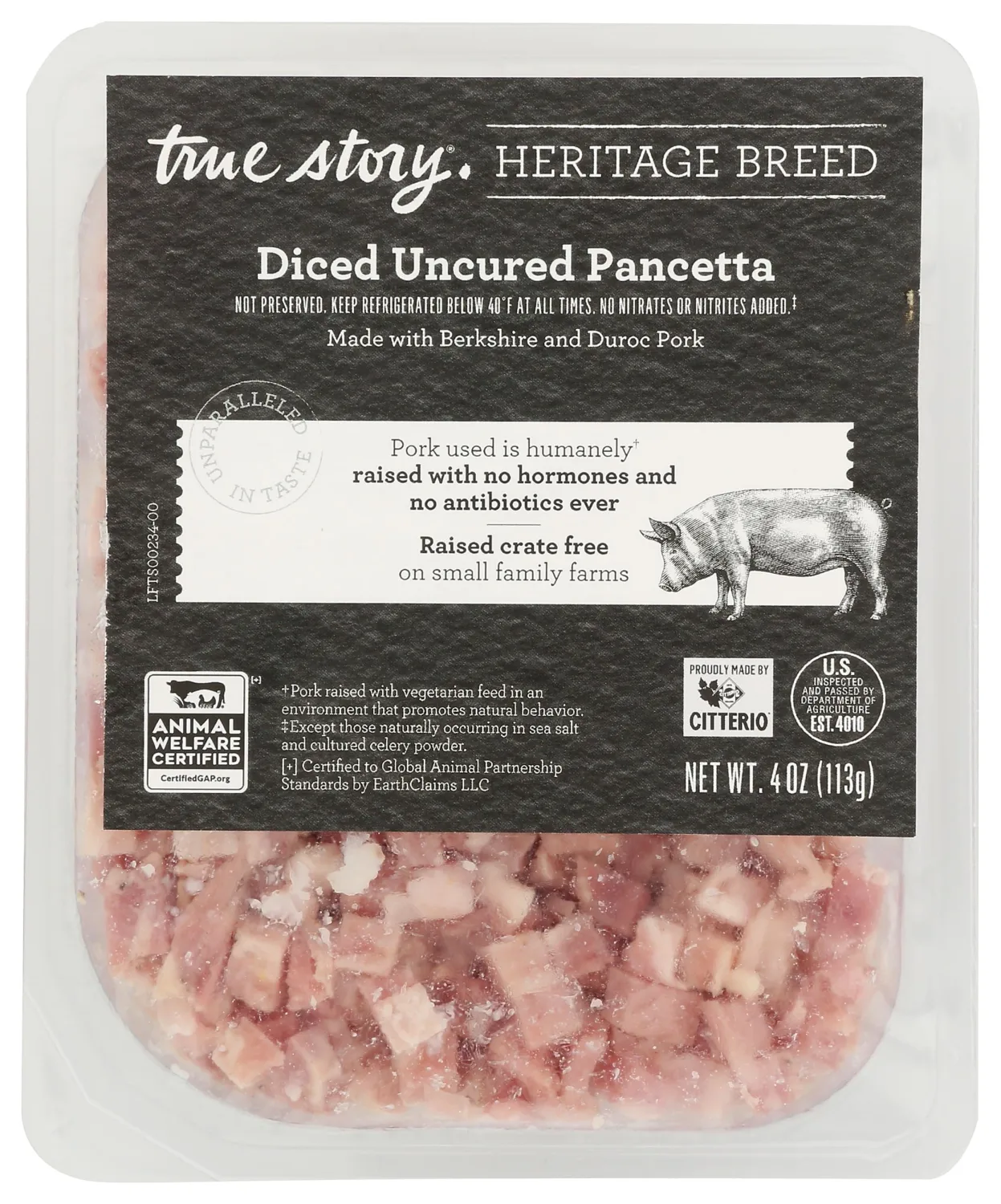True Story Foods Heritage Breed Diced Uncured Pancetta, 4 OZ