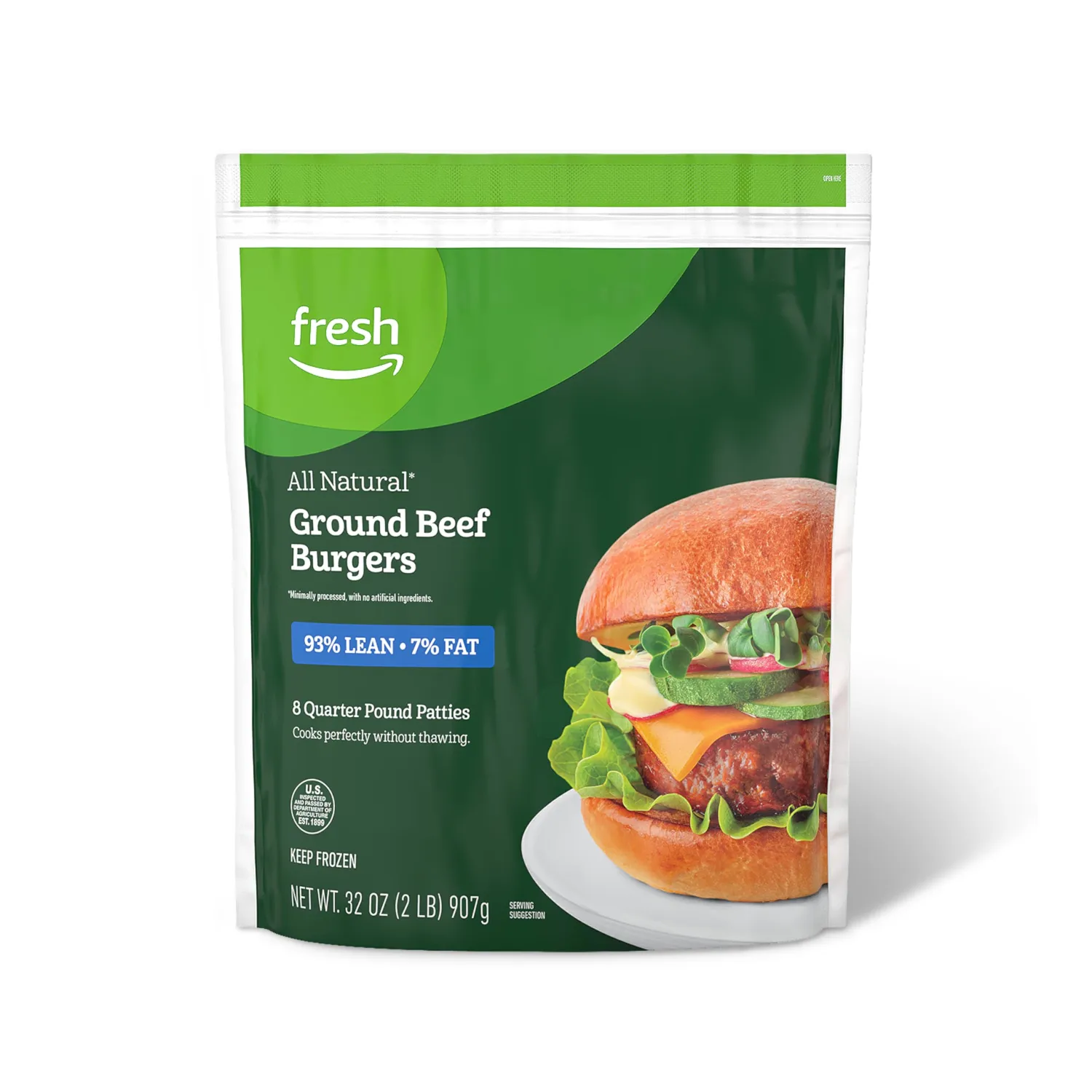 Amazon Fresh Brand, All Natural Ground Beef Burgers, 93% Lean, 7% Fat, 2 Lb (8 Count)