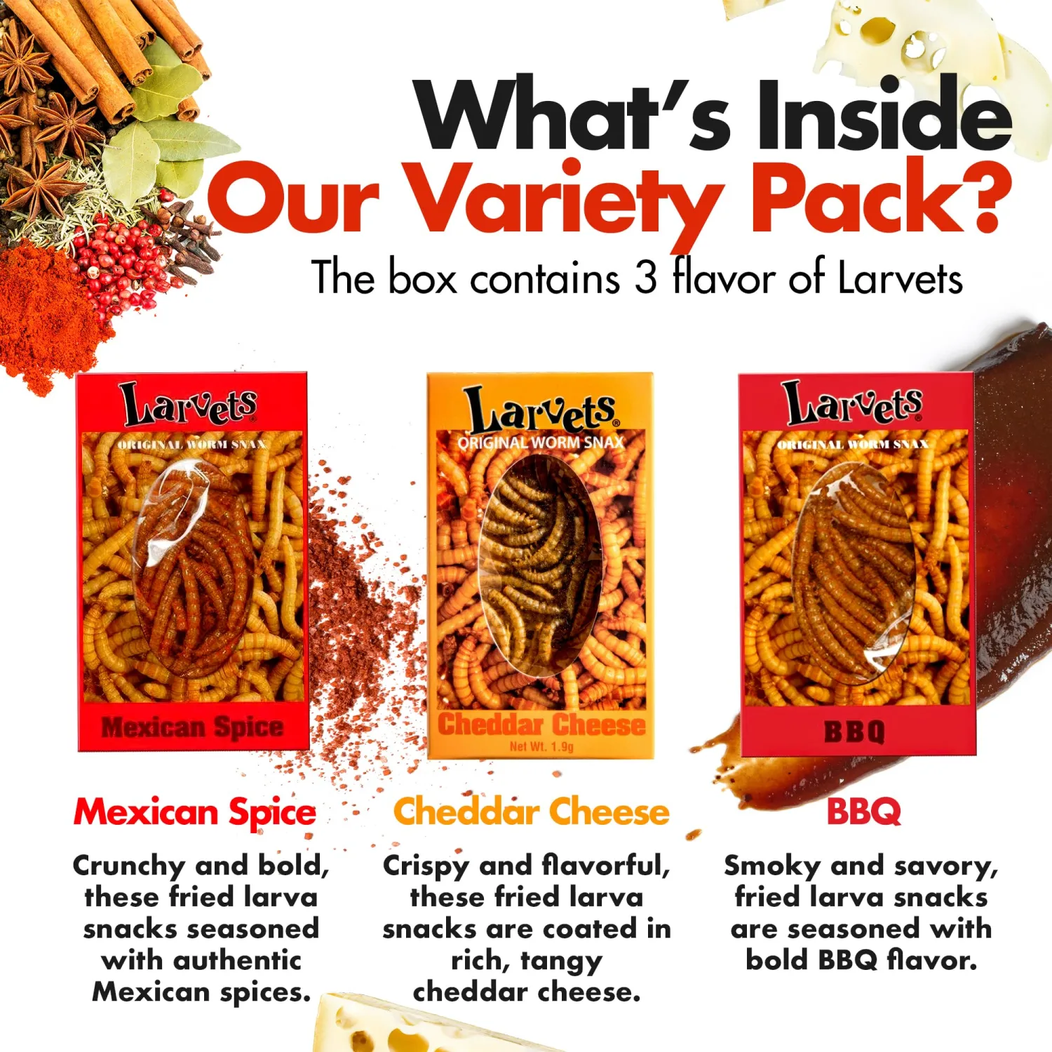HotLix Larvets Edible Bugs (3-Pack), Real Flavored Edible Larvae in Cheddar Cheese, BBQ, Mexican Cheese, Exotic Snacks, Edible Insects, Weird Snacks, Dried Insects, Weird Food, Flavored Bugs To Eat