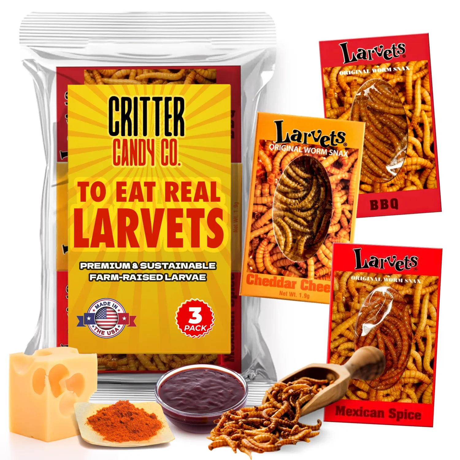 HotLix Larvets Edible Bugs (3-Pack), Real Flavored Edible Larvae in Cheddar Cheese, BBQ, Mexican Cheese, Exotic Snacks, Edible Insects, Weird Snacks, Dried Insects, Weird Food, Flavored Bugs To Eat