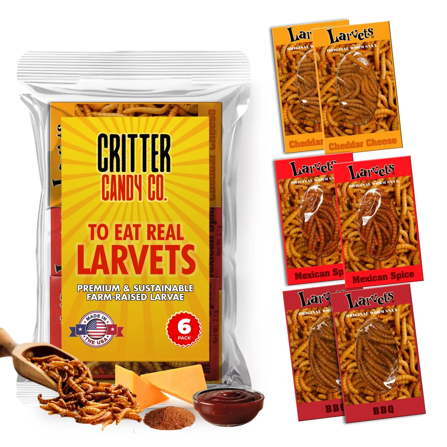 HotLix Larvets Edible Bugs (6-Pack), Real Flavored Edible Larvae in Cheddar Cheese, BBQ, Mexican Cheese, Exotic Snacks, Edible Insects, Weird Snacks, Dried Insects, Weird Food, Flavored Bugs To Eat