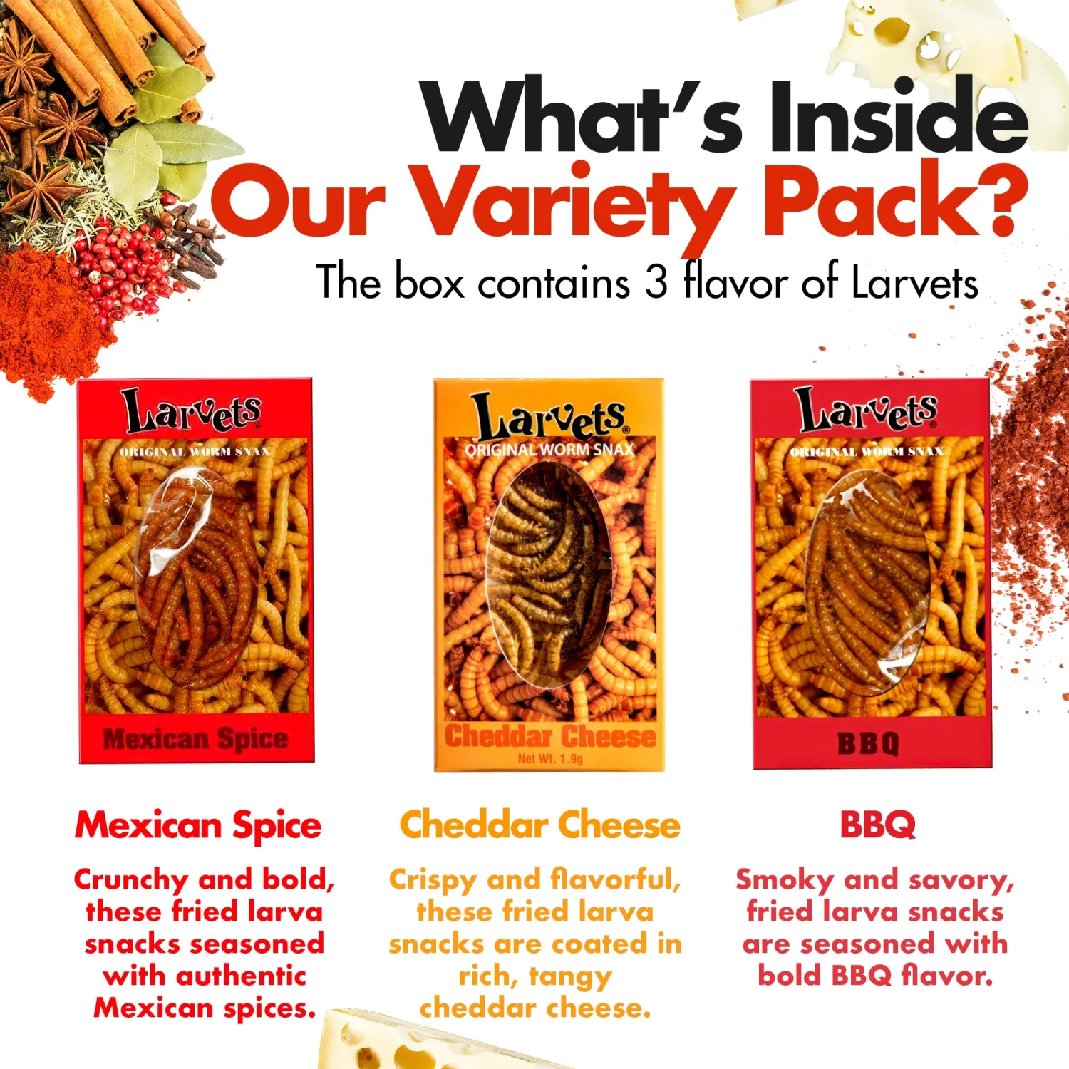 HotLix Larvets Edible Bugs (6-Pack), Real Flavored Edible Larvae in Cheddar Cheese, BBQ, Mexican Cheese, Exotic Snacks, Edible Insects, Weird Snacks, Dried Insects, Weird Food, Flavored Bugs To Eat