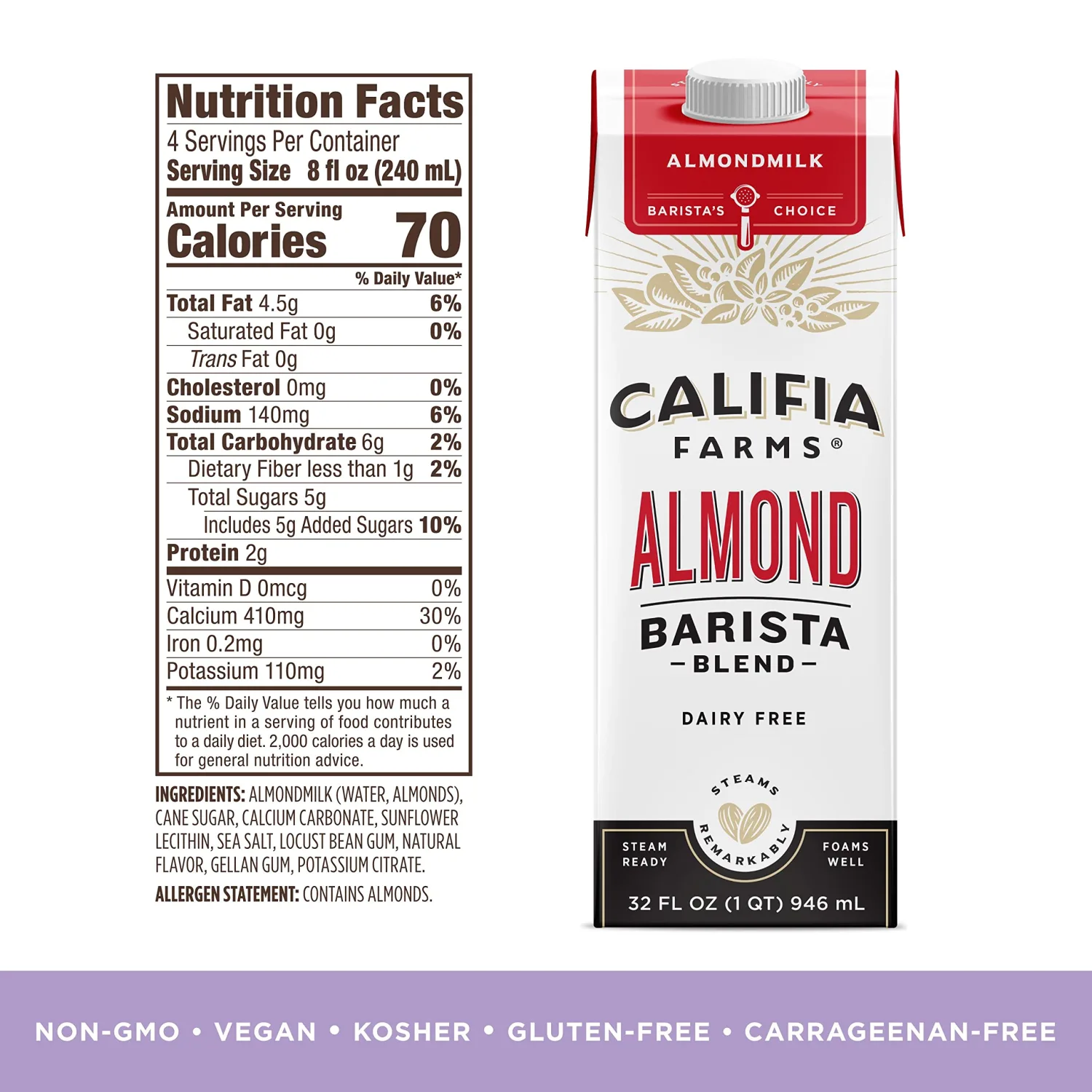 Califia Farms - Original Almond Barista Blend Almond Milk, 32 Oz, Shelf Stable, Dairy Free, Plant Based, Vegan, Gluten Free, Non GMO, High Calcium, Milk Frother, Creamer