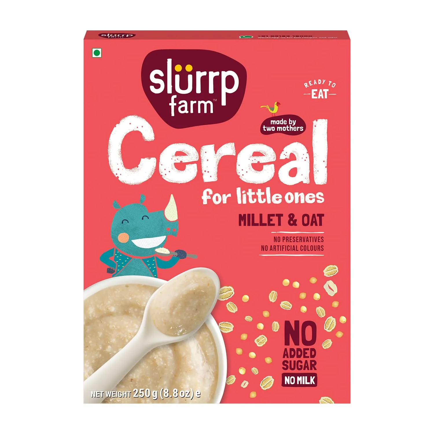 Slurrp Farm Millet & Oat Cereal for Kids | Easy to Digest Baby Food with No Added Sugar or Milk | Ready to Eat Toddler Meal & Snack | Clean, Wholesome | 8.82 Oz (250g)