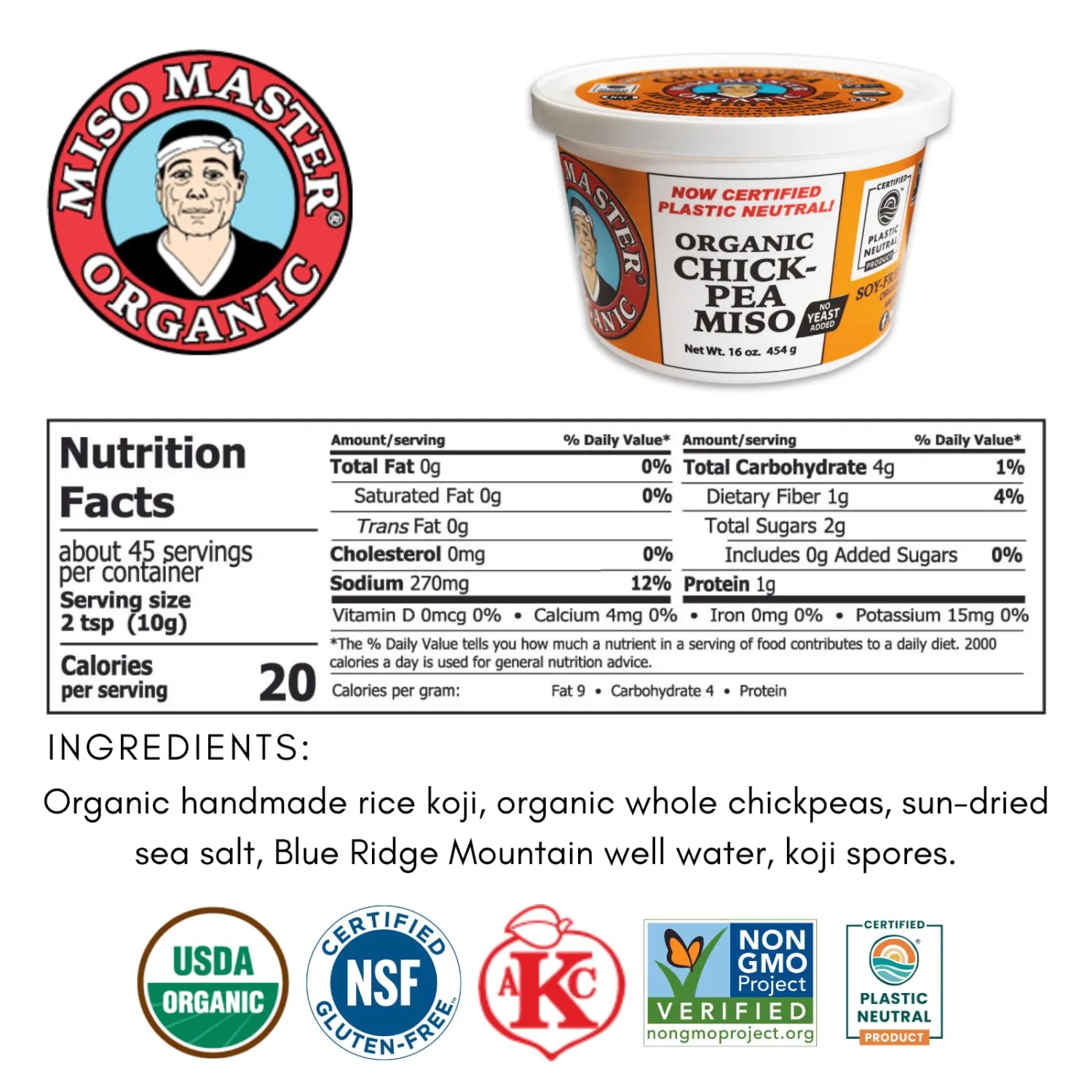 Miso Master Organic Chickpea Miso, Soy-Free, Gluten-Free, Organic, Non-GMO, Vegan, Kosher, Vegan White Miso Paste, 16 oz tub