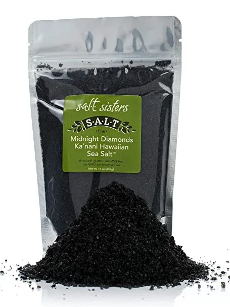 s.a.l.t. sisters Midnight Diamonds Ka'nani Hawaiian Sea Salt | All-Natural, Gluten Free, MSG Free, Non-GMO | Dissolvable Coconut Shell Charcoal Infused Fine Salt for Meat, Fish, Vegetables | 8oz