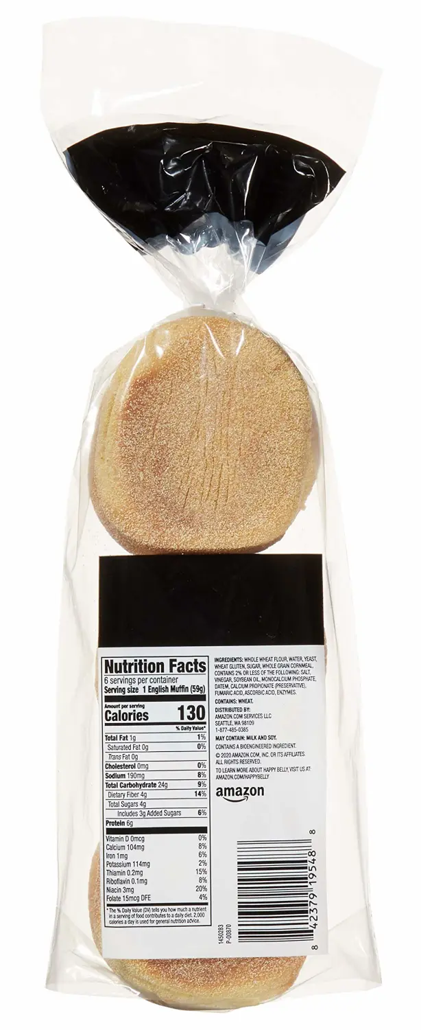 Happy Belly English Muffins, 100% Whole Wheat, 6 Ct, 12.8 oz