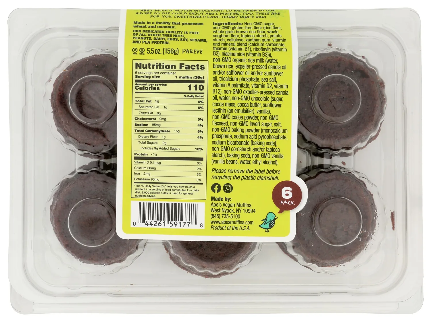 Abe's, Mom's Gluten Free & Vegan Double Chocolate Mini Muffins, 6 Pack