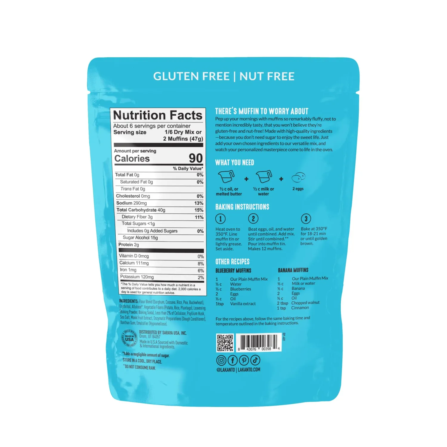 Lakanto Sugar Free Plain Muffin Mix - Sweetened with Monk Fruit Sweetener Allulose Erytrhritol, Gluten Free, Nut Free, Customizable with Add Ins like Blueberry, Strawberry, Nuts, Chocolate Chips, Great Tasting - Plain