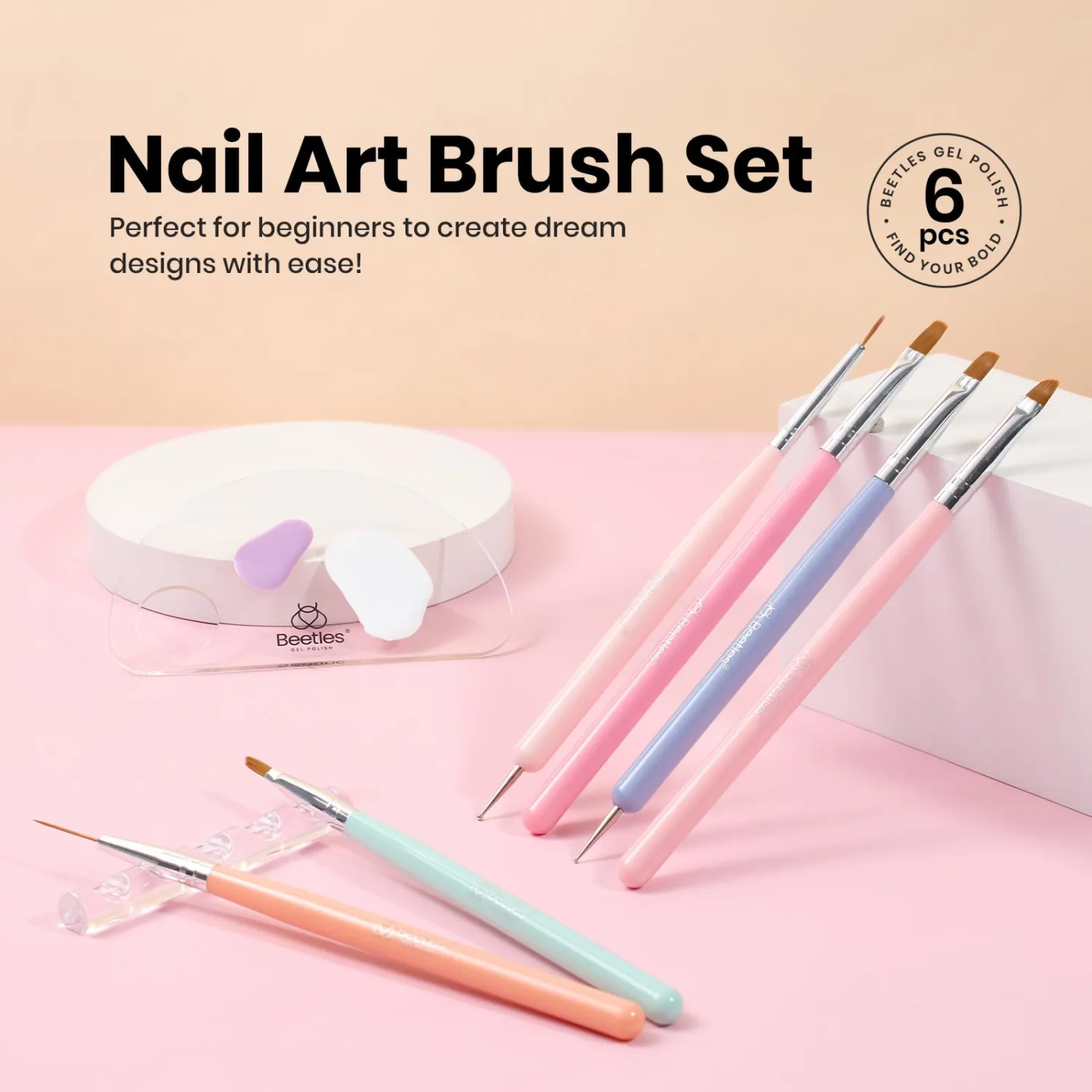 Beetles Nail Art Brushes, 6pcs Nail Art Tool Set, Nail Double-headed Dotting Tools, Striping Nail Art Brushes for Long/Short Lines, Nail Drawing Pen with Nail Brush Holder&Palette For Nail Design