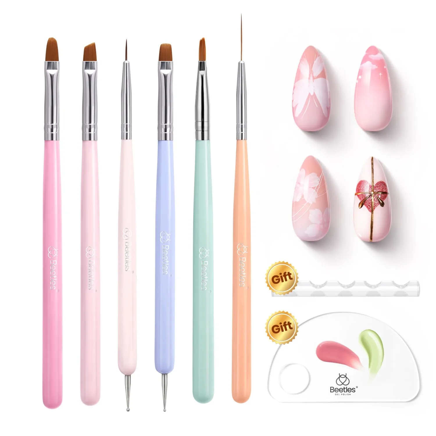 Beetles Nail Art Brushes, 6pcs Nail Art Tool Set, Nail Double-headed Dotting Tools, Striping Nail Art Brushes for Long/Short Lines, Nail Drawing Pen with Nail Brush Holder&Palette For Nail Design