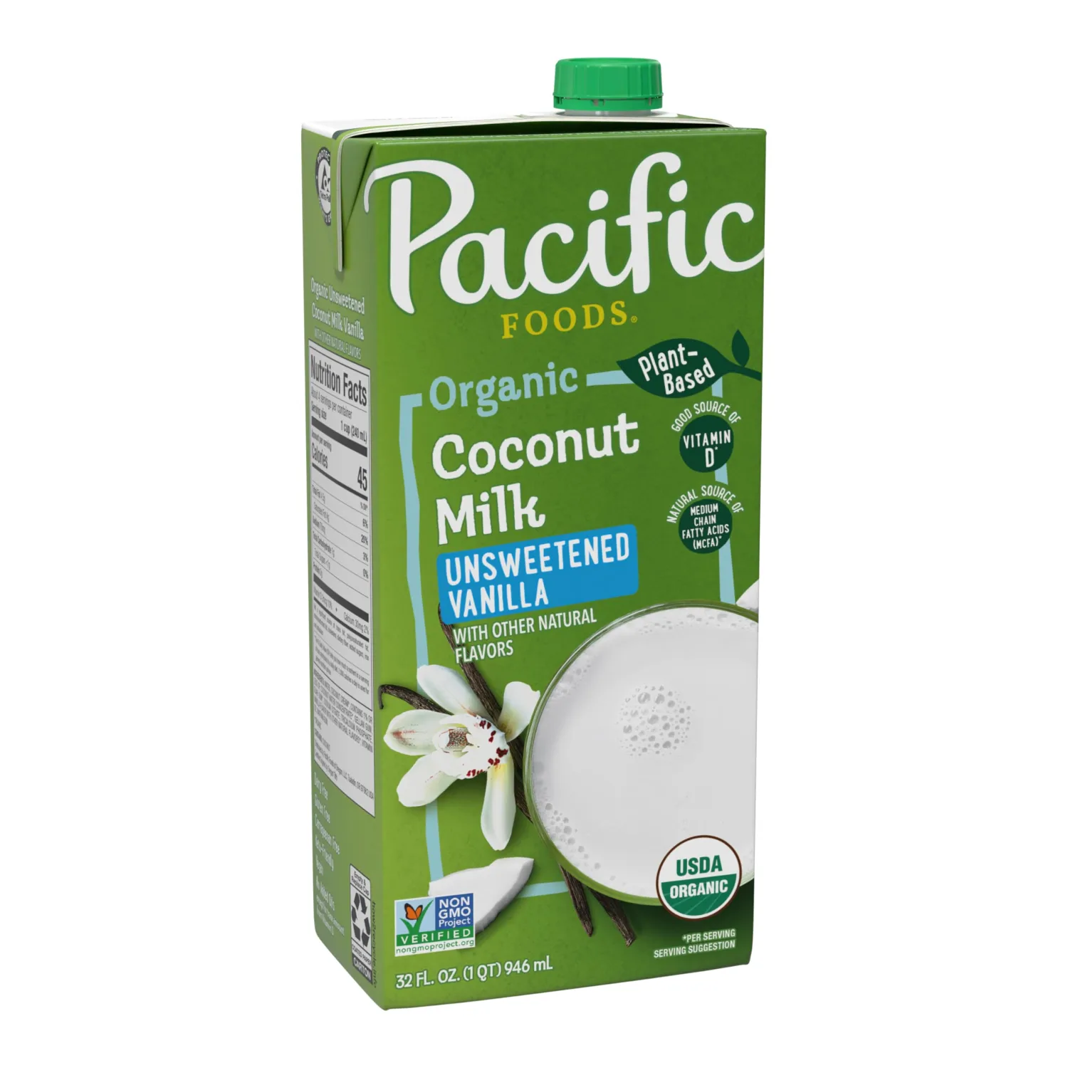 Pacific Foods Organic Unsweetened Vanilla Coconut Milk, Plant Based Milk, 32 oz Carton