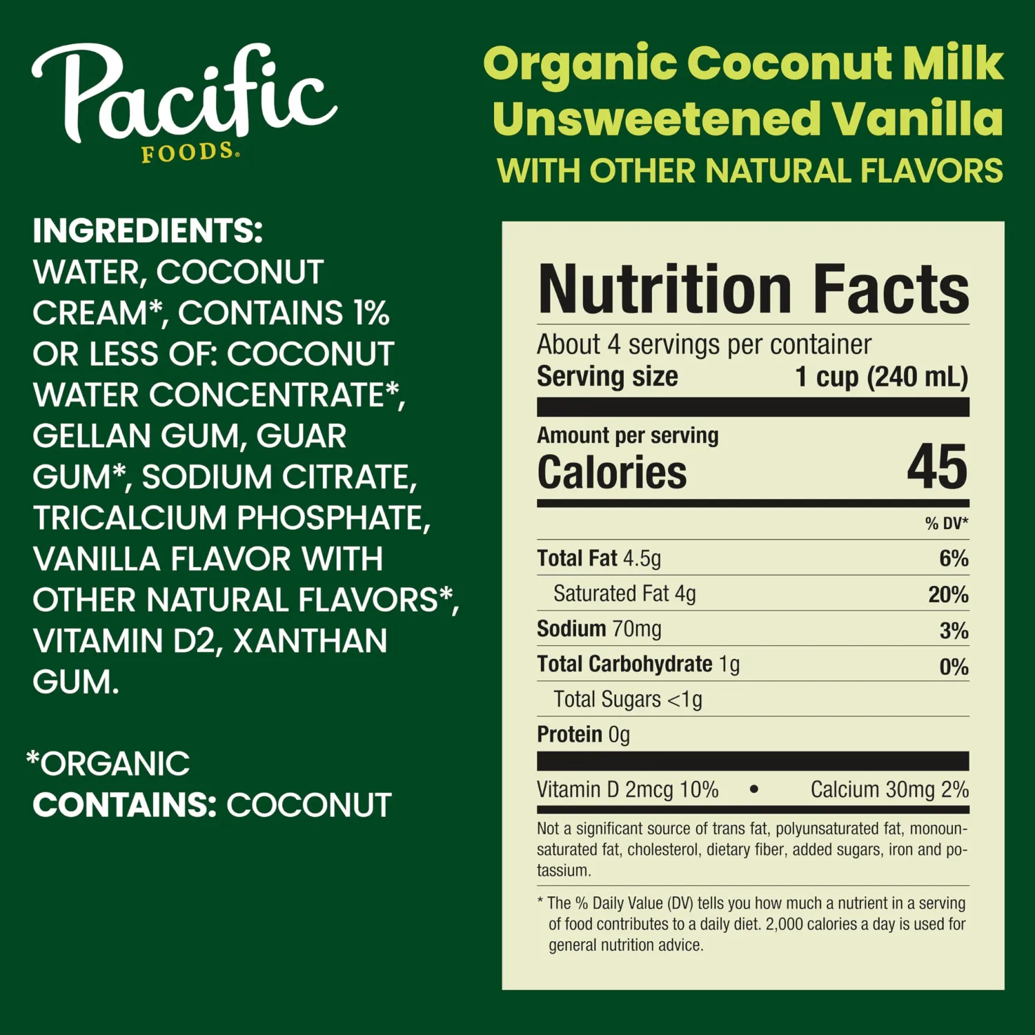 Pacific Foods Organic Unsweetened Vanilla Coconut Milk, Plant Based Milk, 32 oz Carton